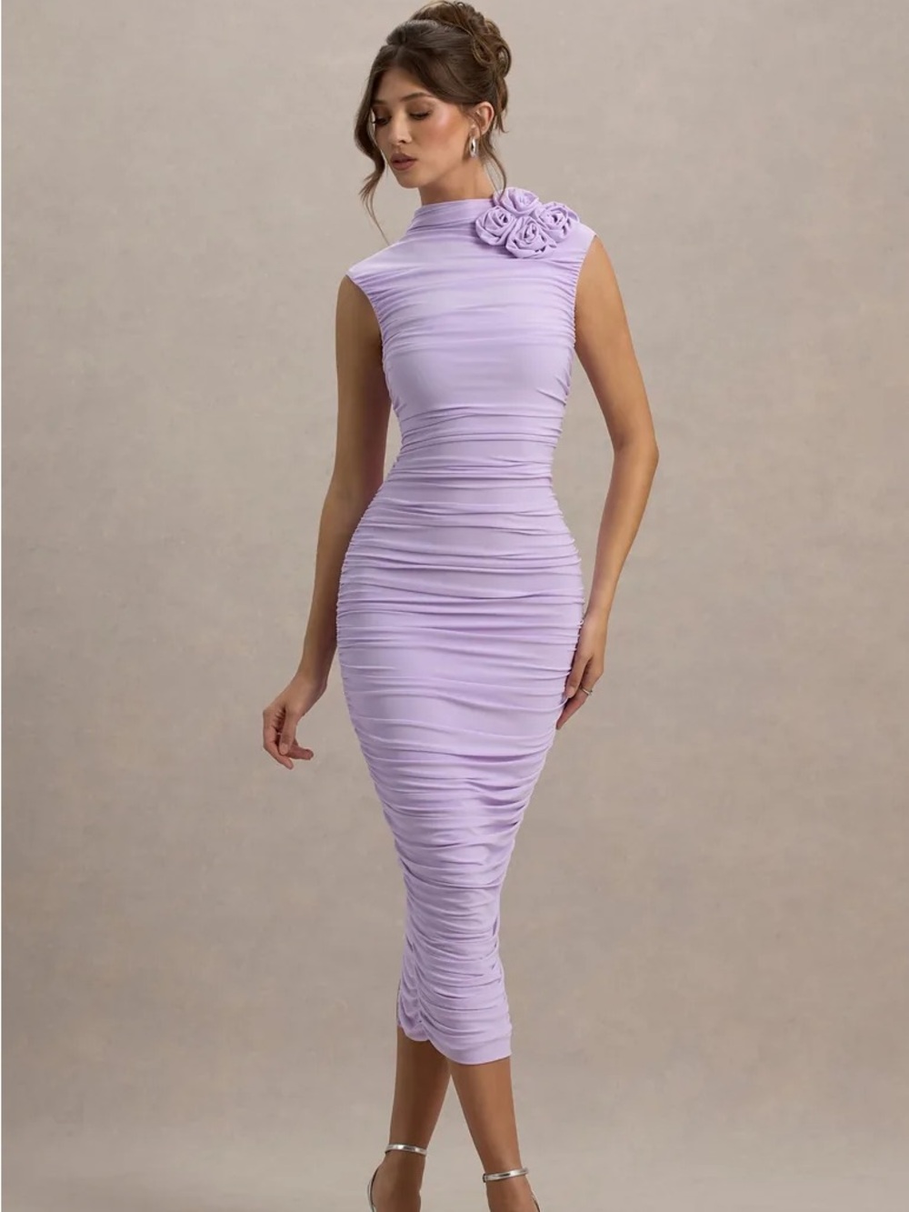 Club L London Bridget Lilac High-Neck Gathered Midi Dress With Floral